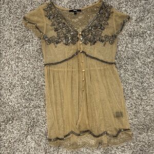 Buckle Sheer Beaded Mesh Top in Mustard Gold